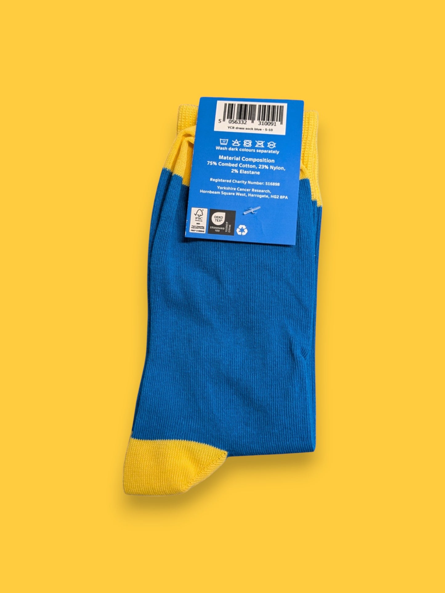 Yorkshire Cancer Research Dress Socks – UK5-UK10 – Cotton Socks – Blue & Yellow