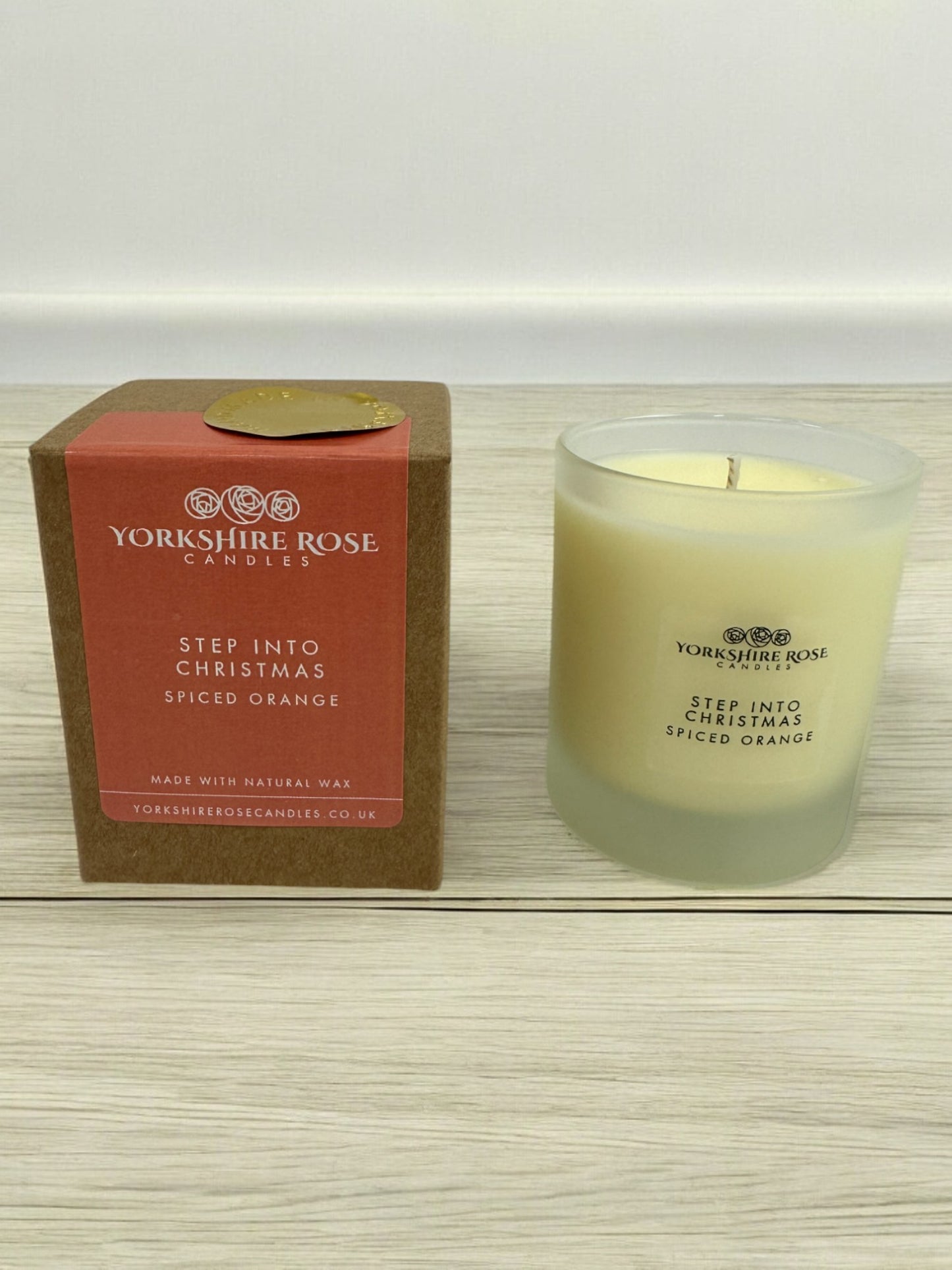 'Step Into Christmas' scented glass candle, by Yorkshire Rose Candles