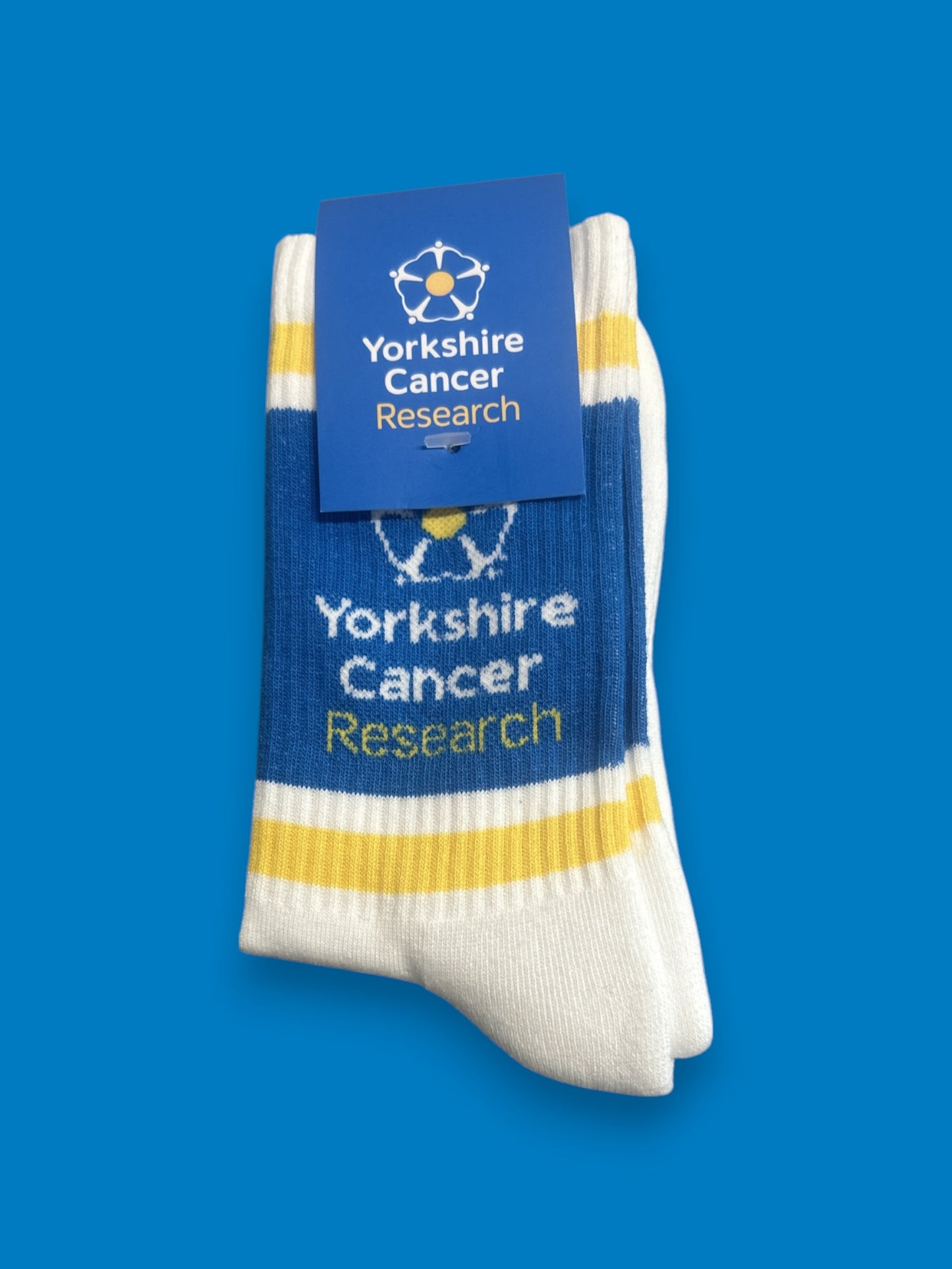 Yorkshire Cancer Research Sport Socks – UK5-UK10 - Cotton Socks - Blue, White & Yellow