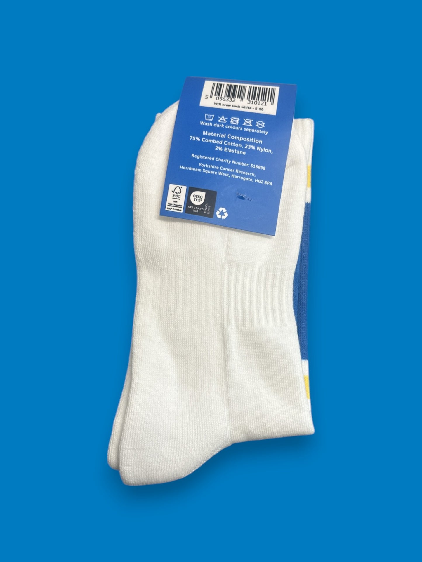 Yorkshire Cancer Research Sport Socks – UK5-UK10 - Cotton Socks - Blue, White & Yellow