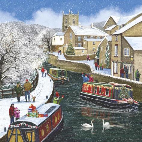 Illustrated snow scene of Skipton canal taken from the front of a Yorkshire Cancer Research Christmas card