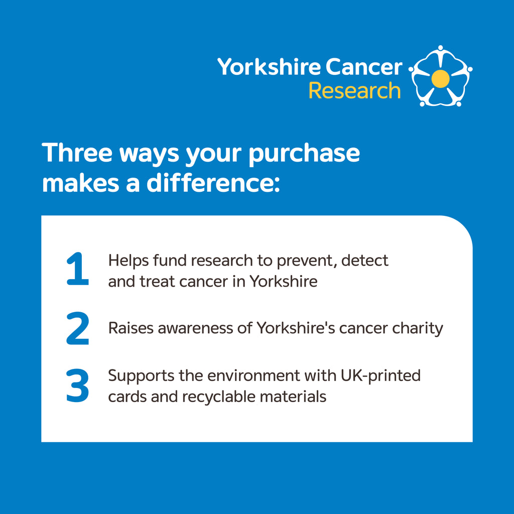 Blue promotional graphic for Yorkshire Cancer Research with white text and a white rounded rectangle listing three ways a purchase makes a difference: fund research, raise awareness, and support the environment.