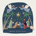 Illustration of a nativity scene with angels, palm trees, and the three wise men on a blue background.