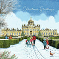 Christmas card with a snowy scene of a Castle Howard, people walking, and 'Christmas Greetings' text.