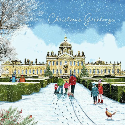 Christmas card with a snowy scene of a Castle Howard, people walking, and 'Christmas Greetings' text.