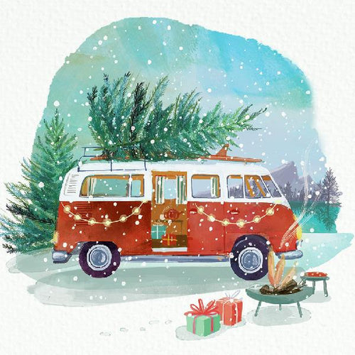 Illustration of a red van with Christmas tree on roof, surrounded by snow and trees.