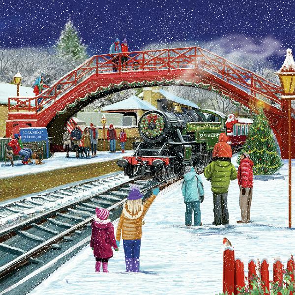 Winter scene with a train, people, and a red bridge in a snowy landscape.