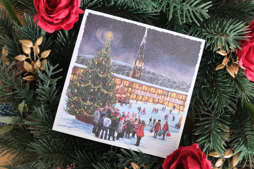 Christmas card showing a festive scene at Piece Hall, Halifax