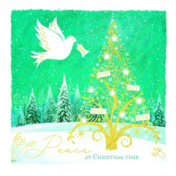 Christmas card with a gold tree, dove, and snowy landscape on a green background