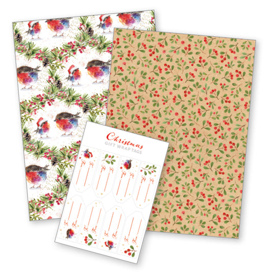 Fluffy Robin & Berries - Christmas Gift Wrap Pack