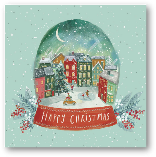 Illustration of a snow globe filled with houses, people and a Christmas tree