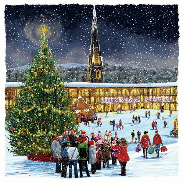 Illustrated Christmas scene of Piece Hall in Halifax, with a large decorated tree and people gathered around, featuring a snowy landscape and a prominent building.