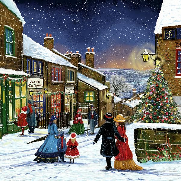 Vintage Christmas scene with people in a snowy village street, decorated Christmas tree, and snowflakes falling.