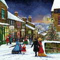 Vintage Christmas scene with people in a snowy village street, decorated Christmas tree, and snowflakes falling.