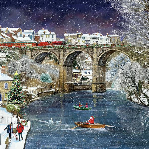 Illustration of a winter scene in Knaresborough, with a snowy village, bridge, and people in boats on a river.