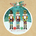 Decorative Christmas card with nutcrackers and festive elements on a brown background