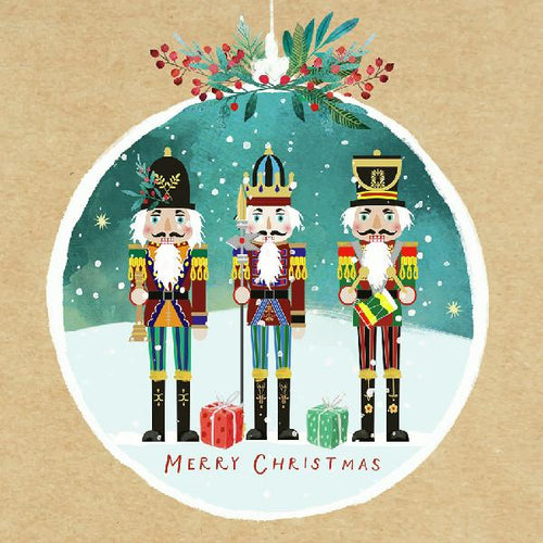 Decorative Christmas card with nutcrackers and festive elements on a brown background