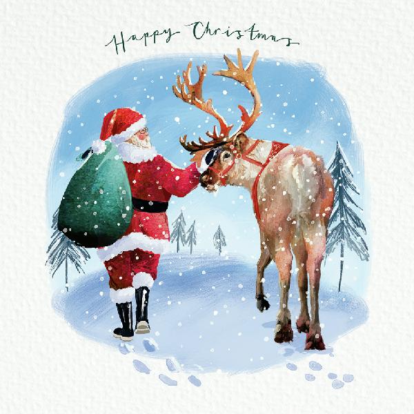 Illustration of Santa Claus with a reindeer in a snowy landscape, with 'Happy Christmas' text.