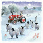 Tractor with sheep in a snowy landscape
