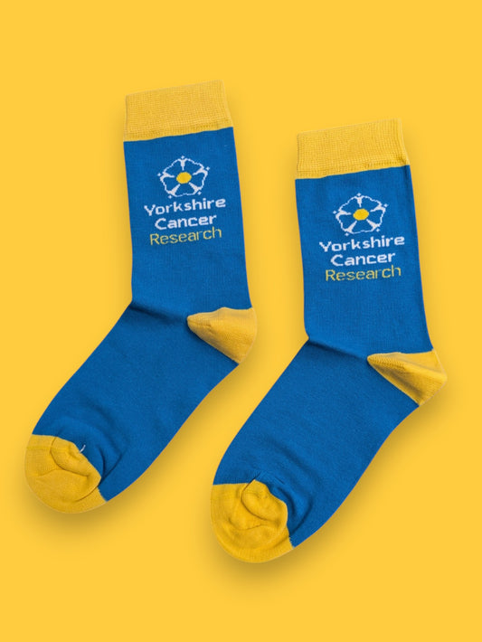 Yorkshire Cancer Research Dress Socks – UK5-UK10 – Cotton Socks – Blue & Yellow