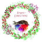 Colorful illustration of a robin surrounded by festive wreath with 'Happy Christmas' text.