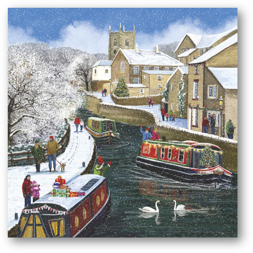 An illustrated snow scene of Skipton canal with barges decorated for Christmas.