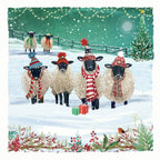 Sheep wearing winter hats and scarves in a snowy scene with Christmas decorations.