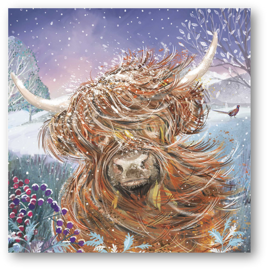 Colourful Illustration of a windswept Highland cow in the snow