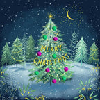 Christmas tree with ornaments and 'Merry Christmas' text in a snowy landscape.