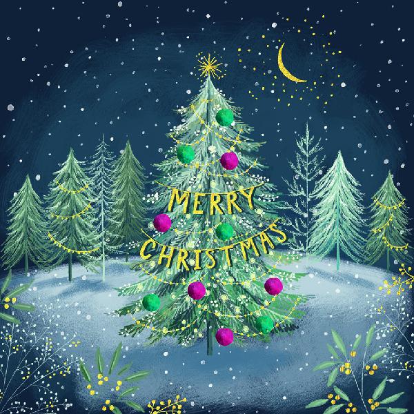 Christmas tree with ornaments and 'Merry Christmas' text in a snowy landscape.