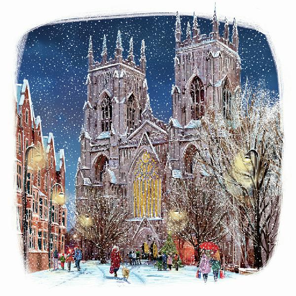 Illustration of York Minster on a snowy evening