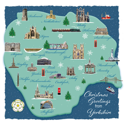 Map of Yorkshire with various landmarks and Christmas elements on a blue background