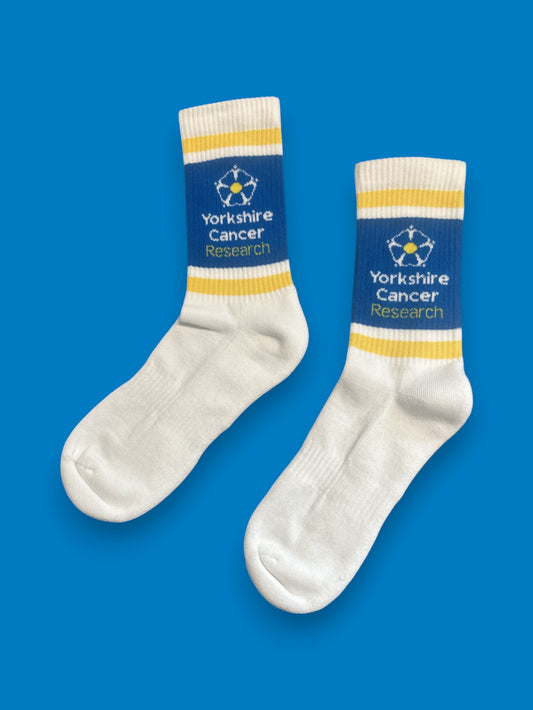 Yorkshire Cancer Research Sport Socks – UK5-UK10 - Cotton Socks - Blue, White & Yellow