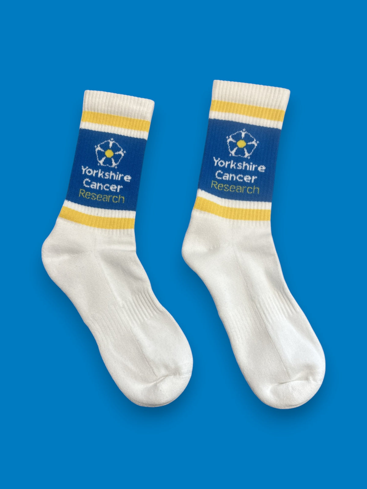 Yorkshire Cancer Research Sport Socks – Blue, White & Yellow